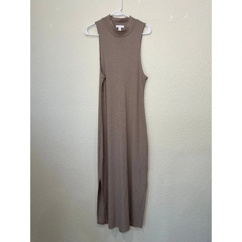 Beyond‎ Yoga Womens Ribbed Mock Neck Sleeveless Midi Dress Taupe Brown Large